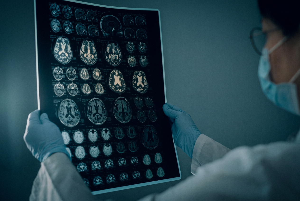 Clinician reviewing brain MRI scans