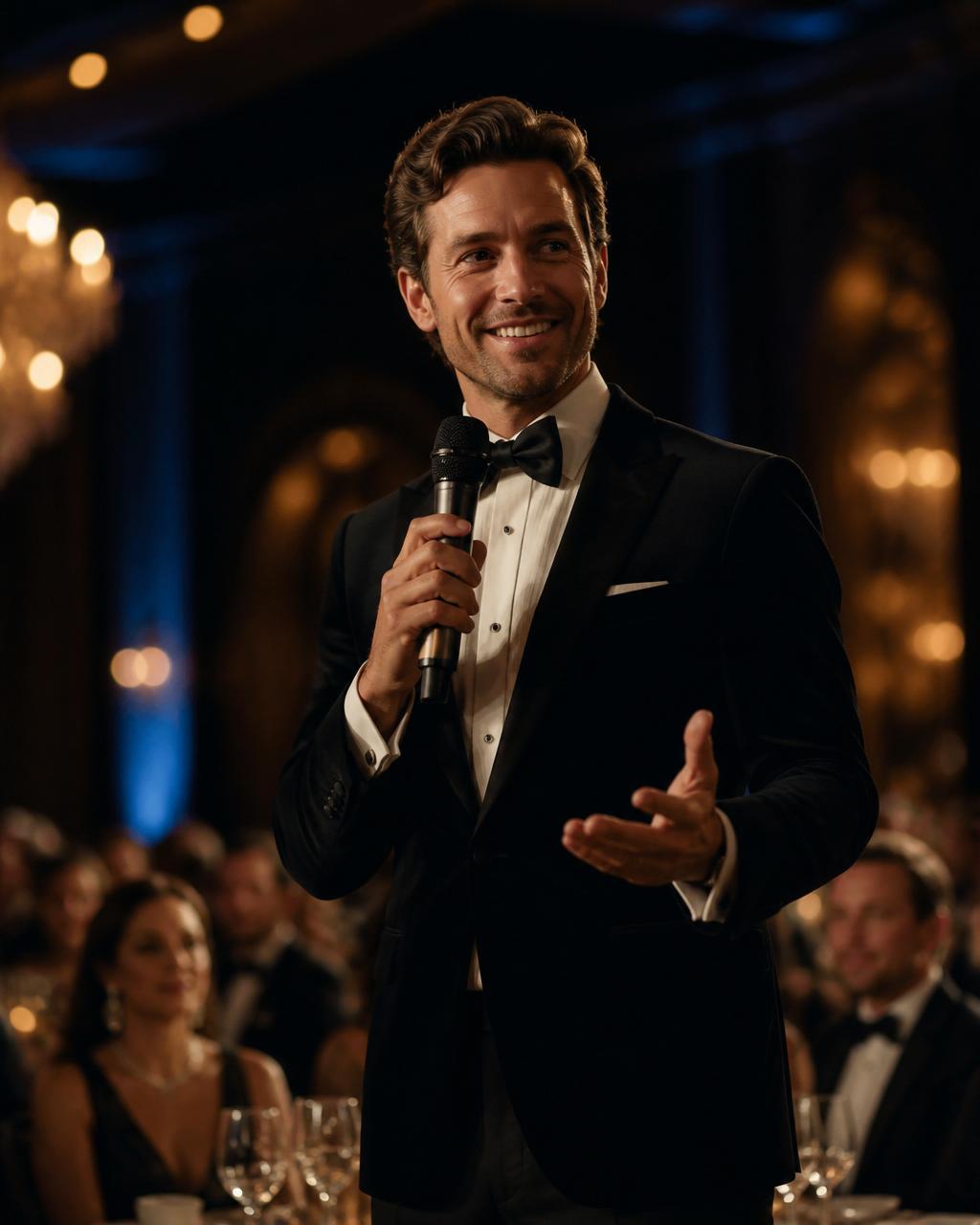 Headline sponsor presenting on stage at a black-tie gala